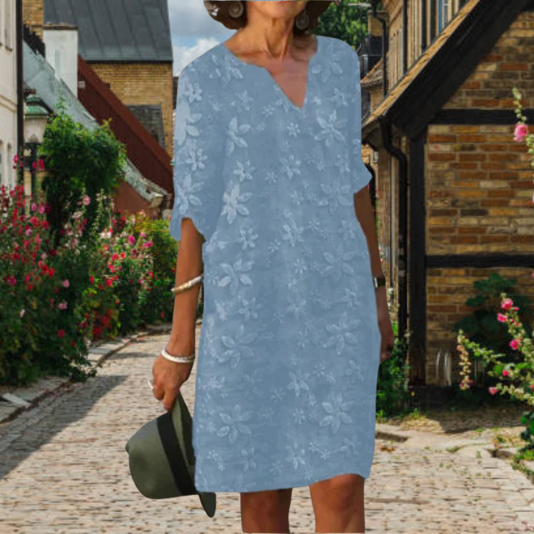 Robe droite col V à fleurs en relief, manches mi-longues, bleu clair