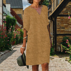 Robe droite col V à fleurs en relief, manches mi-longues, kaki