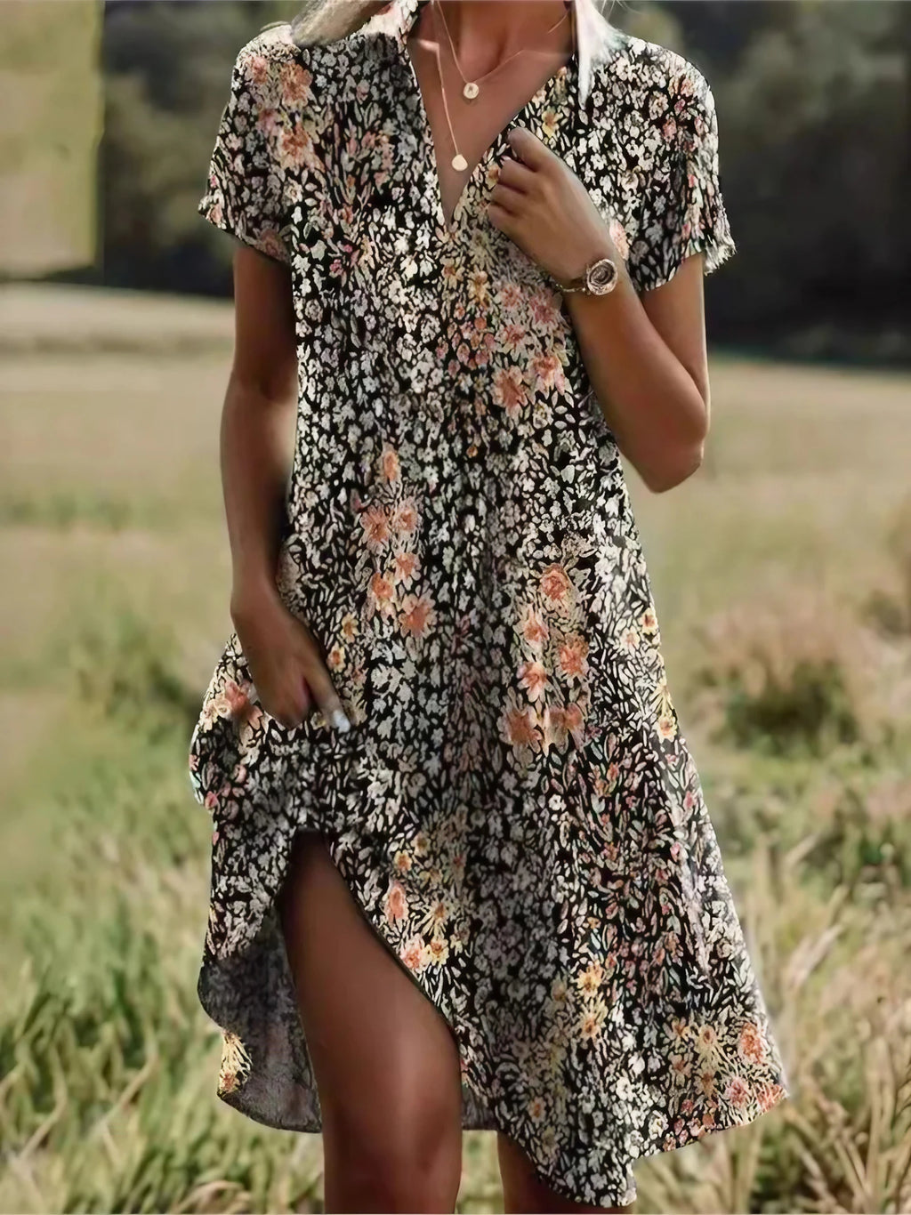 Robe fleurie femme col V boutonnée, manches longues, S au 3XL