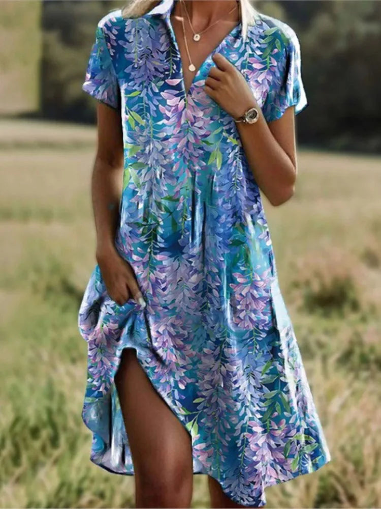 Robe fleurie femme col V boutonnée, manches longues, S au 3XL