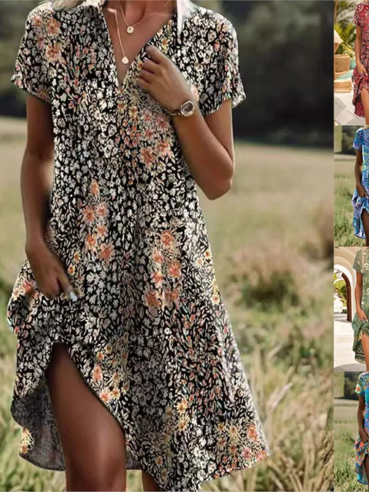 Robe fleurie femme col V boutonnée, manches longues, S au 3XL