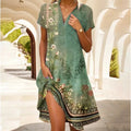 Robe fleurie femme col V boutonnée, manches longues, S au 3XL, vert