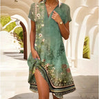 Robe fleurie femme col V boutonnée, manches longues, S au 3XL, vert