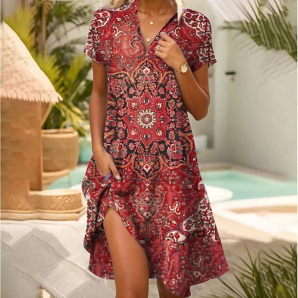 Robe fleurie femme col V boutonnée, manches longues, S au 3XL, rouge