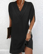 Robe courte femme à manches fendues et col V, coupe droite, noir