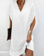 Robe courte femme à manches fendues et col V, coupe droite, blanc