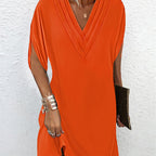 Robe courte femme à manches fendues et col V, coupe droite, orange