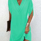 Robe courte femme à manches fendues et col V, coupe droite, vert printemps