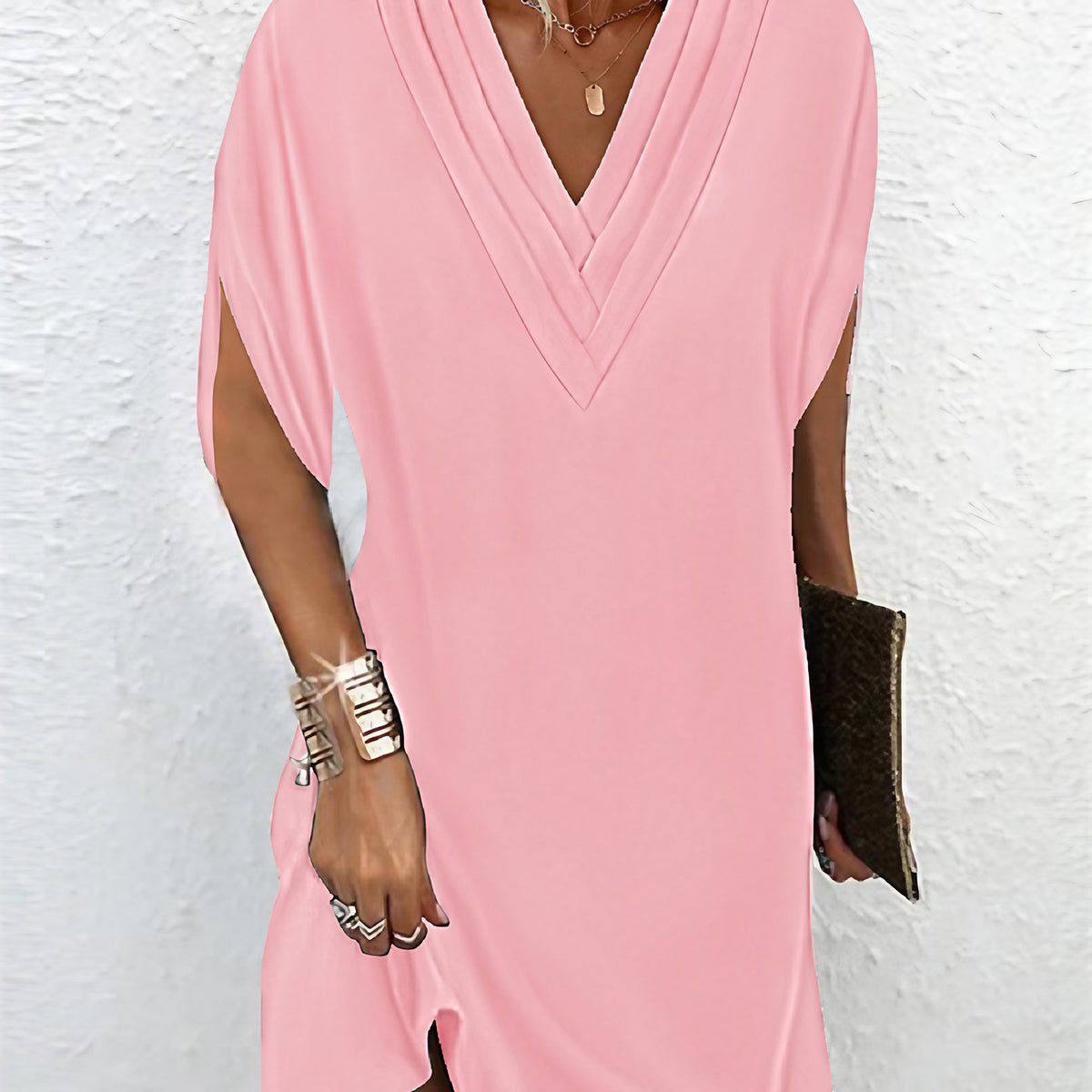 Robe courte femme à manches fendues et col V, coupe droite, rose