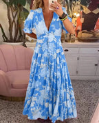 Robe fluide femme col V à ceinture, du S au 5XL, bleu