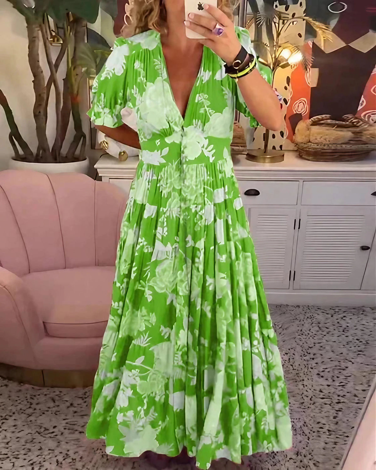 Robe fluide femme col V à ceinture, du S au 5XL, vert