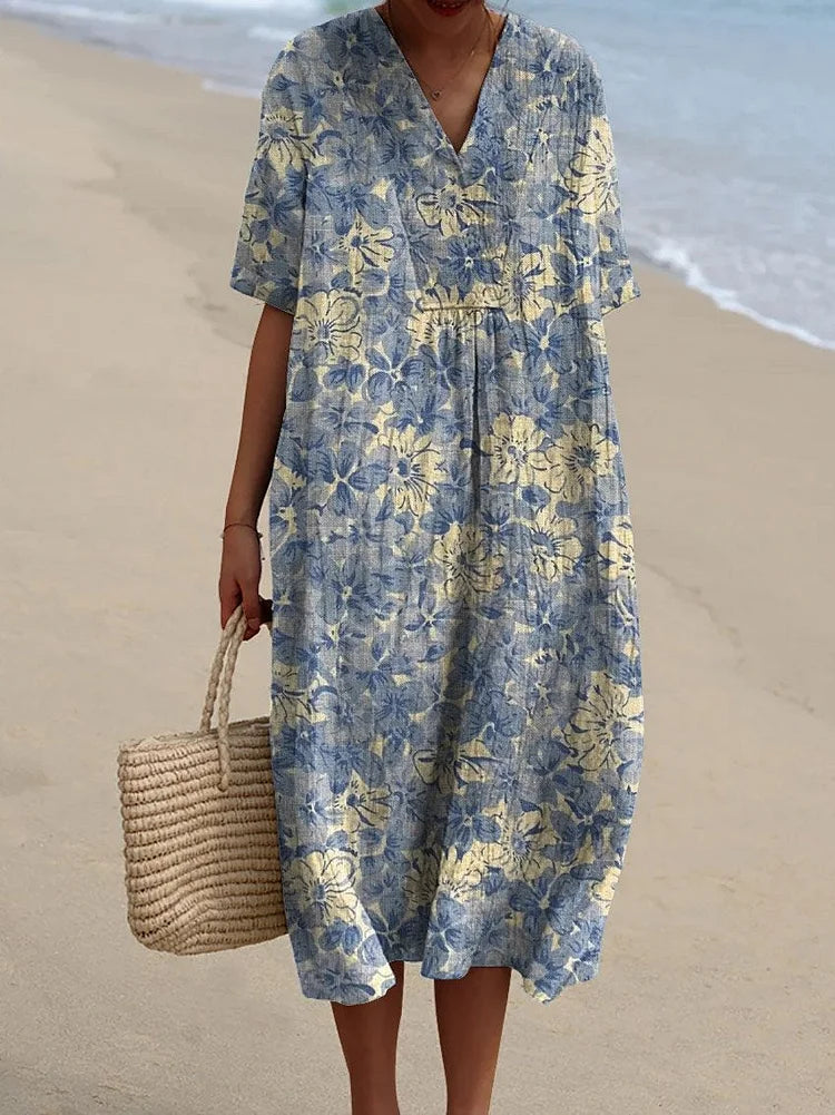 Robe ample femme à imprimé fleuri rétro, bleue, du S au 3XL, bleu à fleurs