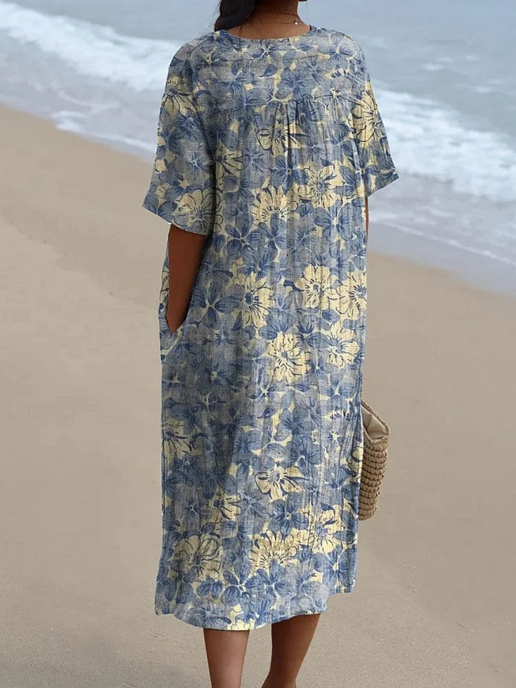 Robe ample femme à imprimé fleuri rétro, bleue, du S au 3XL