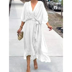 Robe longue fluide col V à manches 3/4, dix coloris, blanc