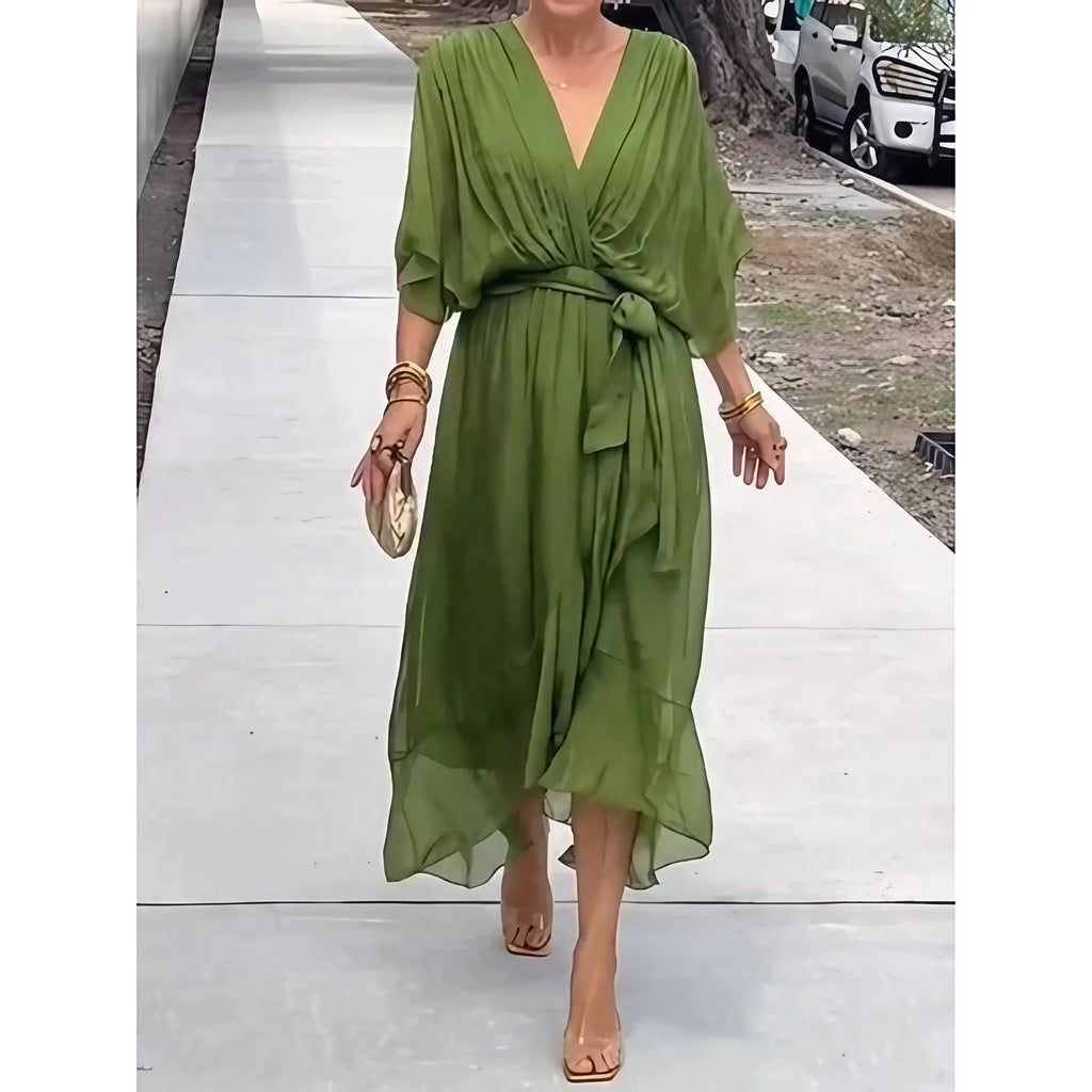 Robe longue fluide col V à manches 3/4, dix coloris, vert