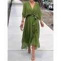 Robe longue fluide col V à manches 3/4, dix coloris, vert
