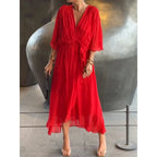 Robe longue fluide col V à manches 3/4, dix coloris, rouge