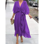 Robe longue fluide col V à manches 3/4, dix coloris, violet