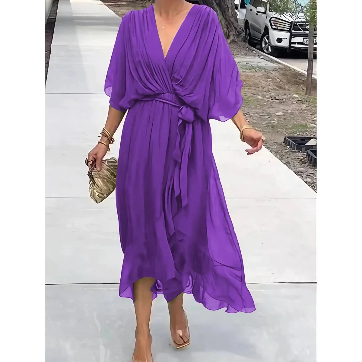 Robe longue fluide col V à manches 3/4, dix coloris, violet
