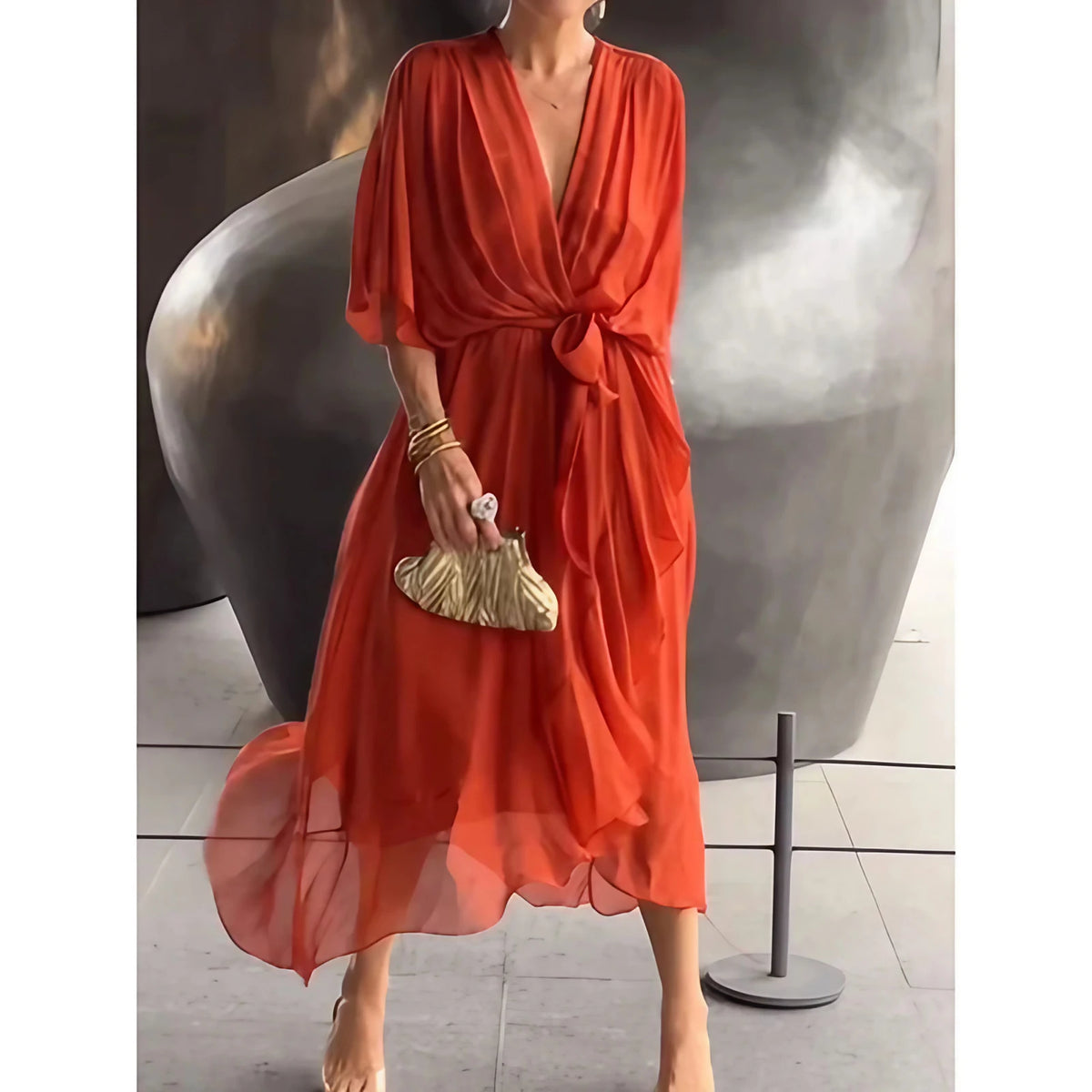 Robe longue fluide col V à manches 3/4, dix coloris, orange