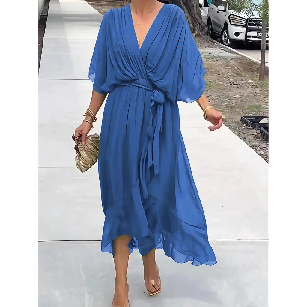 Robe longue fluide col V à manches 3/4, dix coloris, bleu