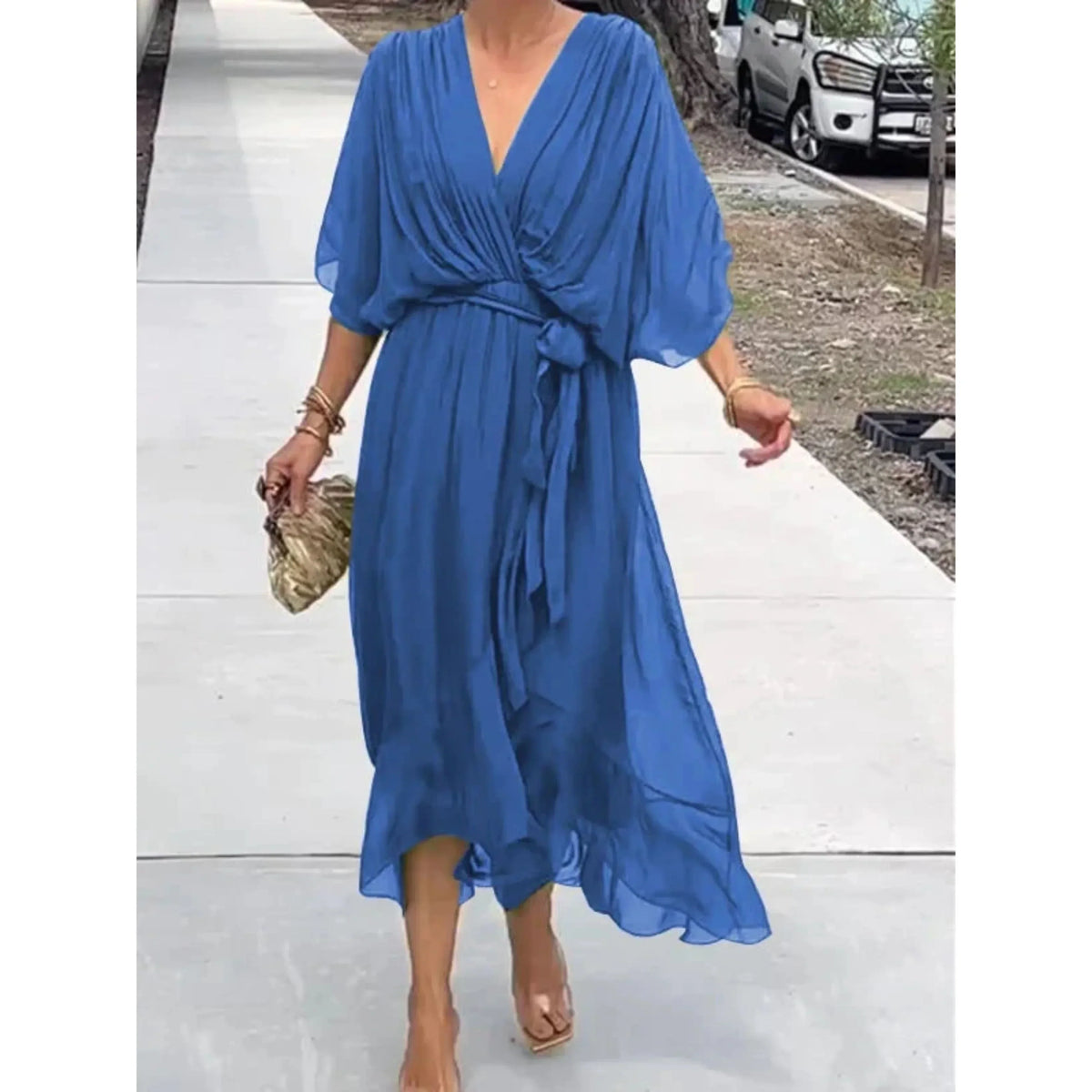 Robe longue fluide col V à manches 3/4, dix coloris, bleu
