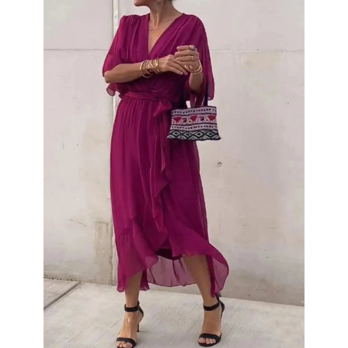 Robe longue fluide col V à manches 3/4, dix coloris, pourpre foncé