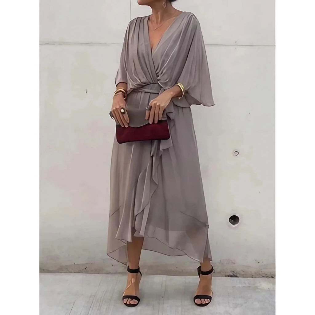 Robe longue fluide col V à manches 3/4, dix coloris, gris