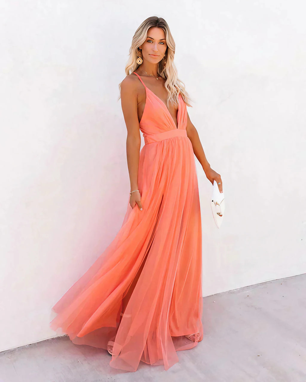 Robe longue évasée femme, coloris abricot, coupe fluide