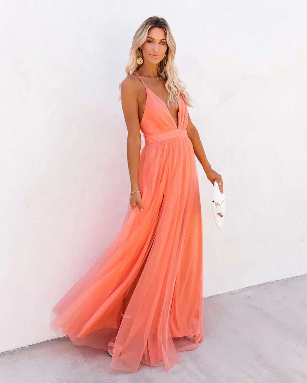 Robe longue évasée femme, coloris abricot, coupe fluide