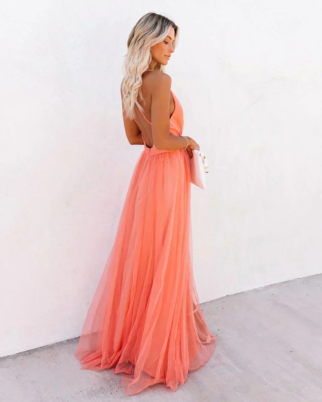 Robe longue évasée femme, coloris abricot, coupe fluide