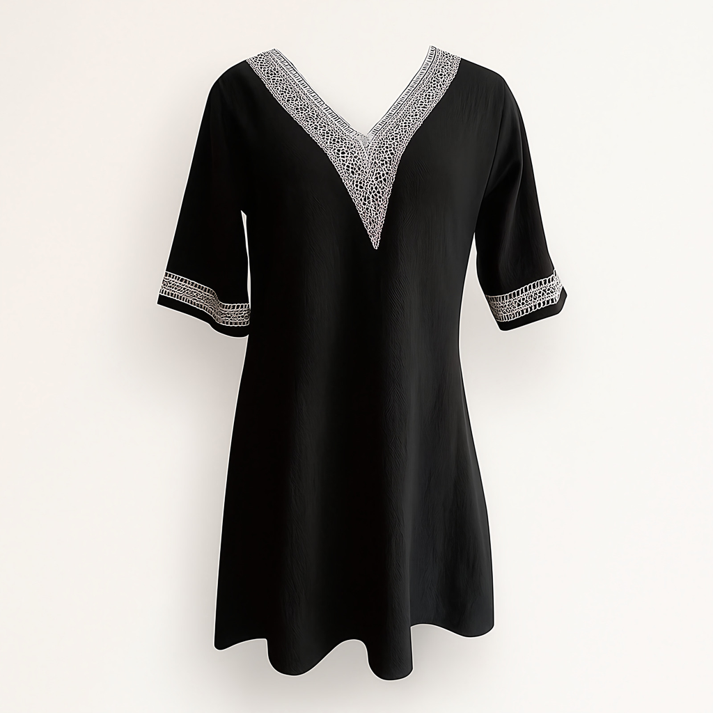 Robe femme col V bordé de dentelle, manches 3/4, noir