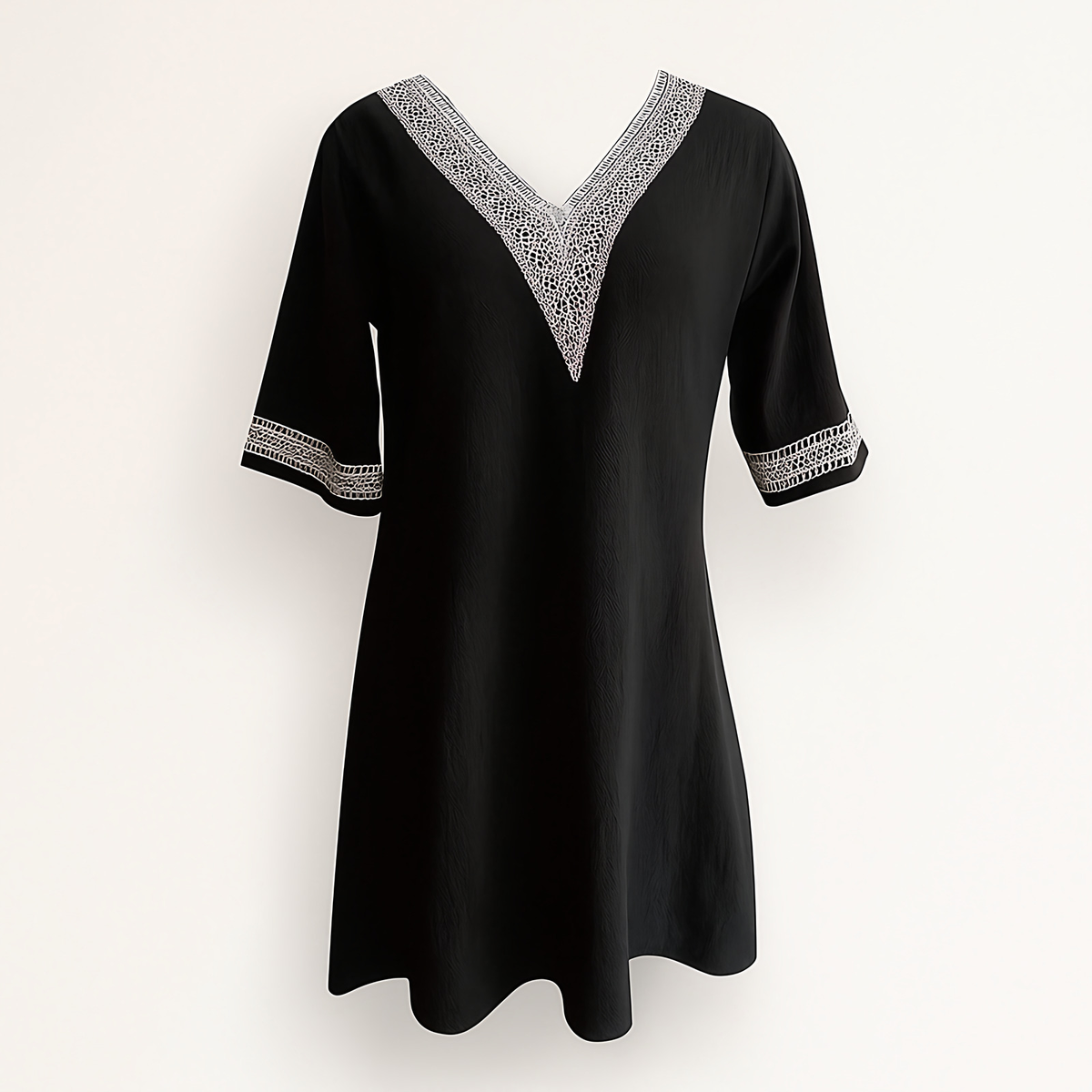 Robe femme col V bordé de dentelle, manches 3/4, noir