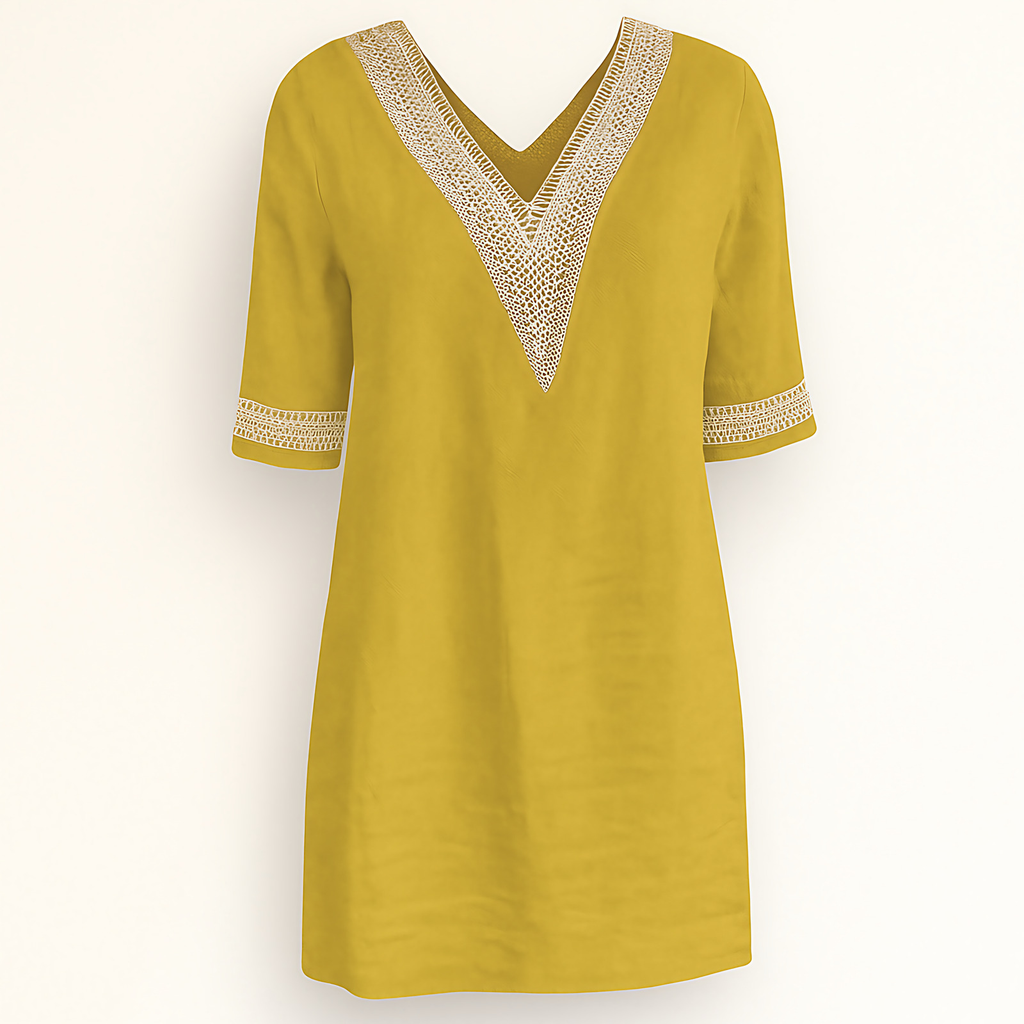 Robe femme col V bordé de dentelle, manches 3/4, jaune