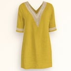 Robe femme col V bordé de dentelle, manches 3/4, jaune