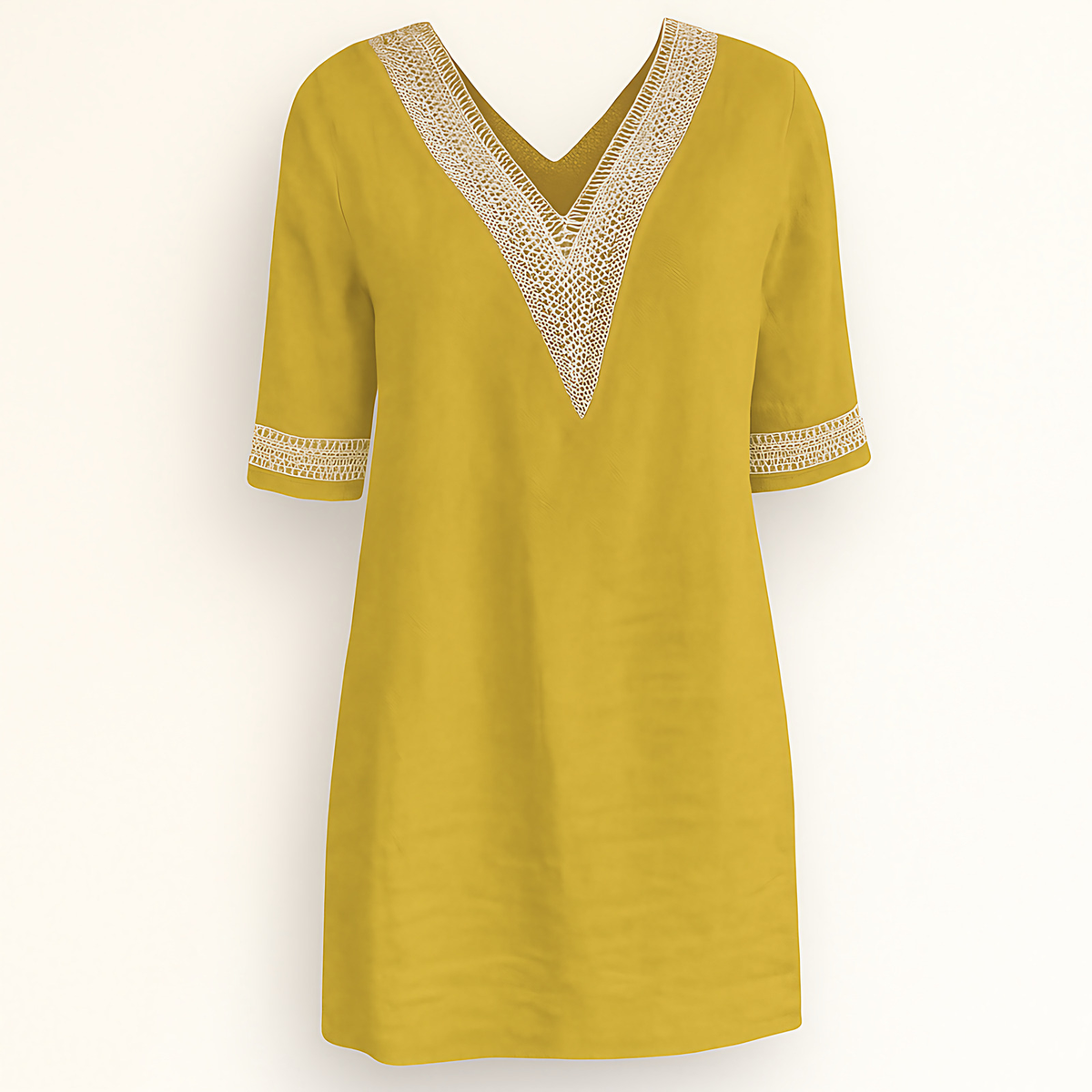 Robe femme col V bordé de dentelle, manches 3/4, jaune