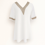 Robe femme col V bordé de dentelle, manches 3/4, blanc
