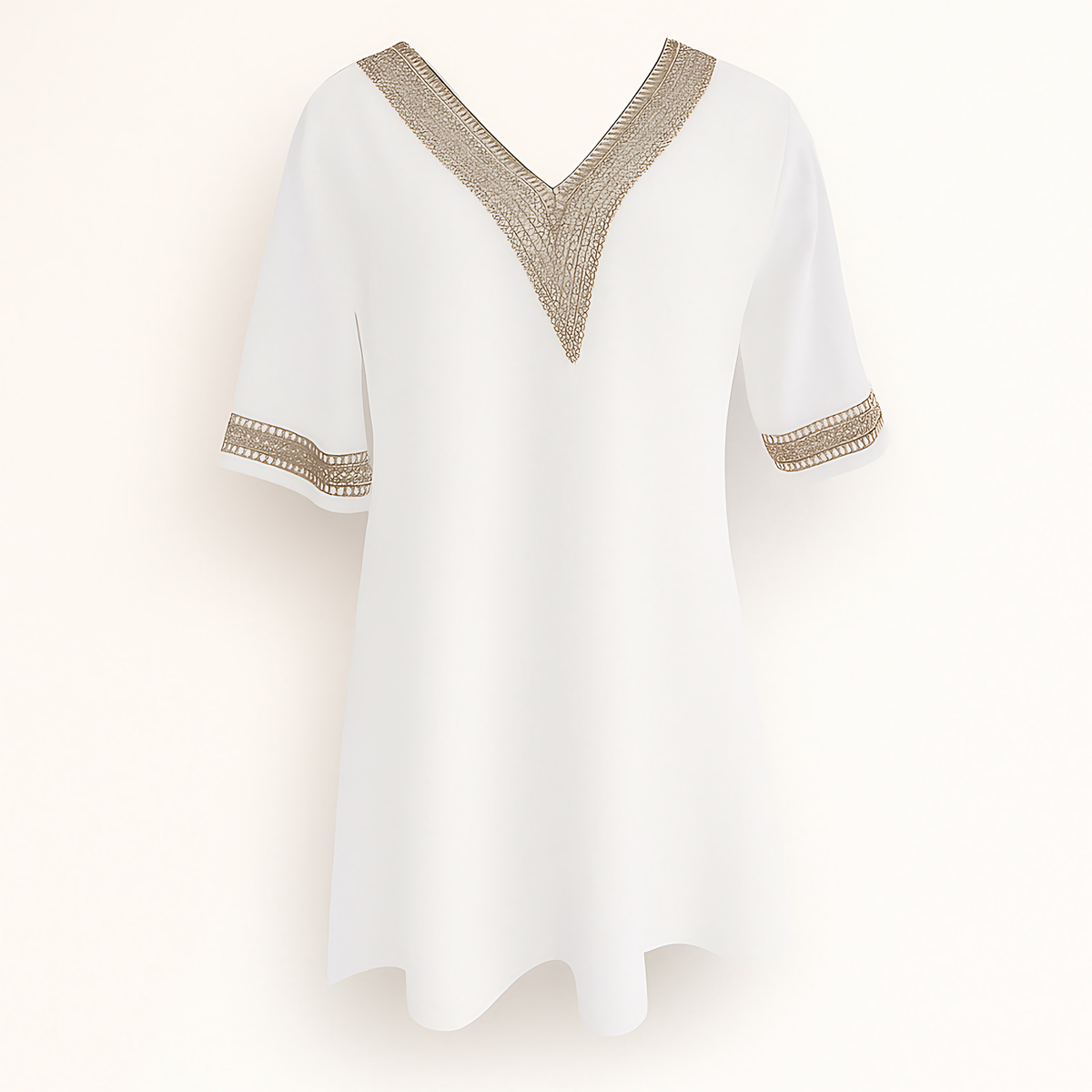 Robe femme col V bordé de dentelle, manches 3/4, blanc