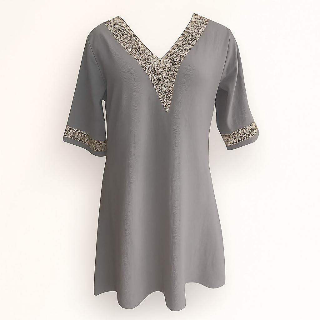 Robe femme col V bordé de dentelle, manches 3/4, gris
