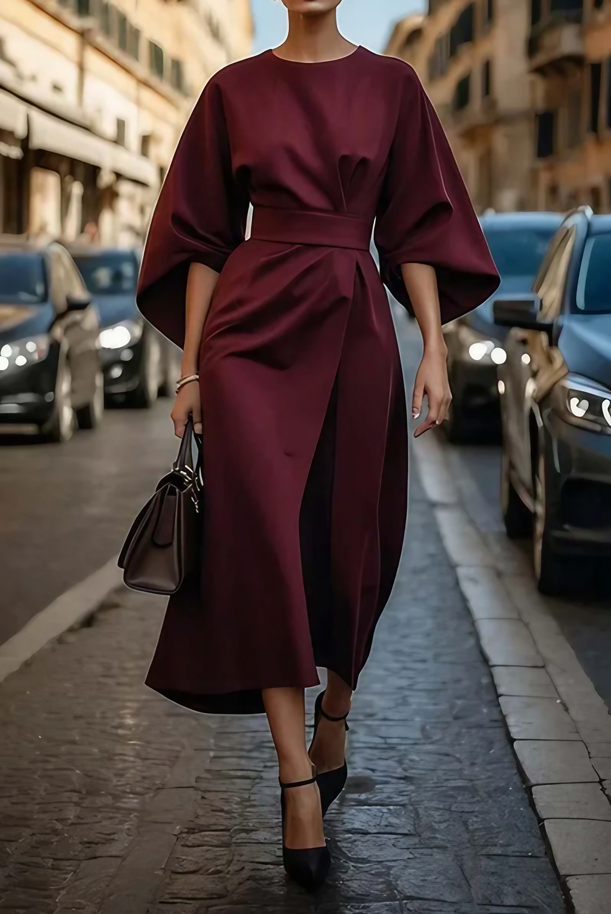 Robe femme à manches bouffantes, taille ajustable, sept coloris, rouge