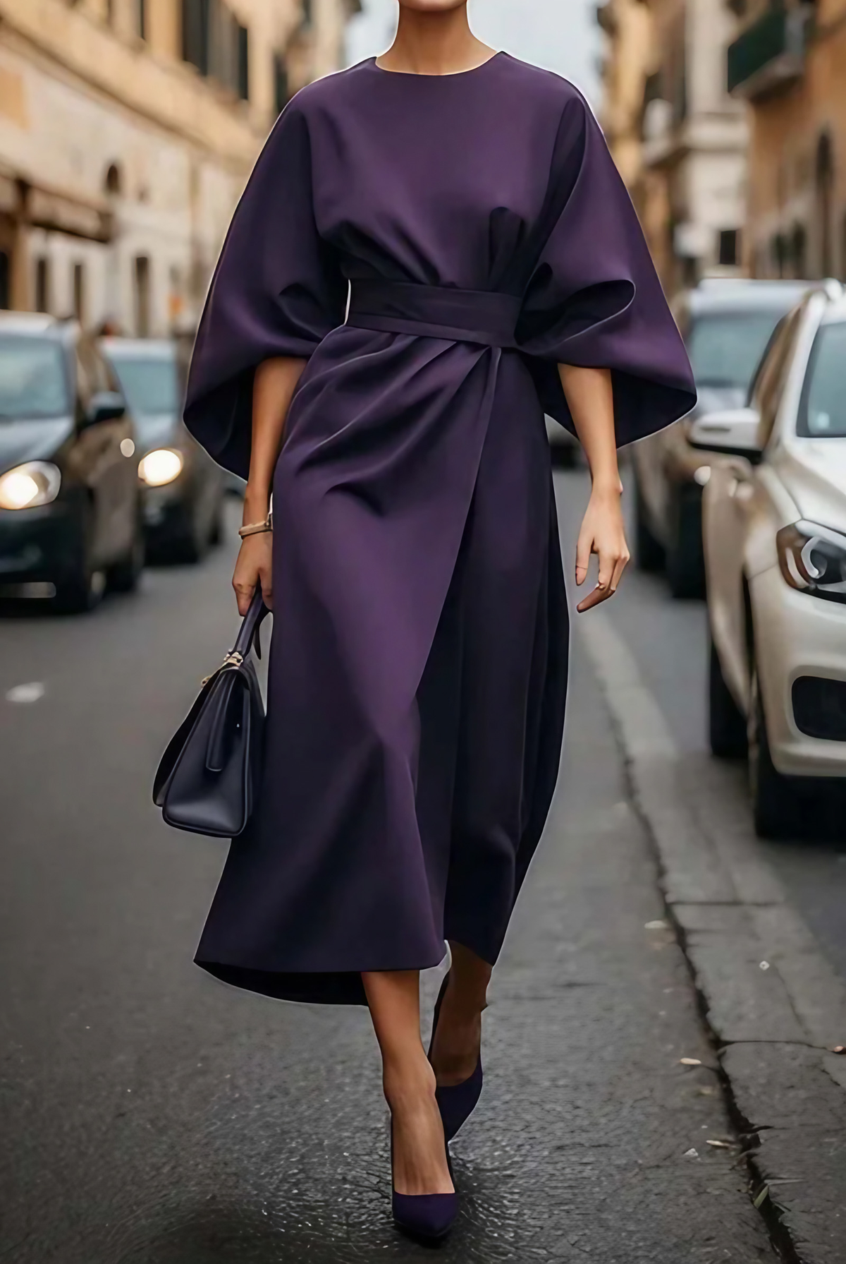 Robe femme à manches bouffantes, taille ajustable, sept coloris, violet