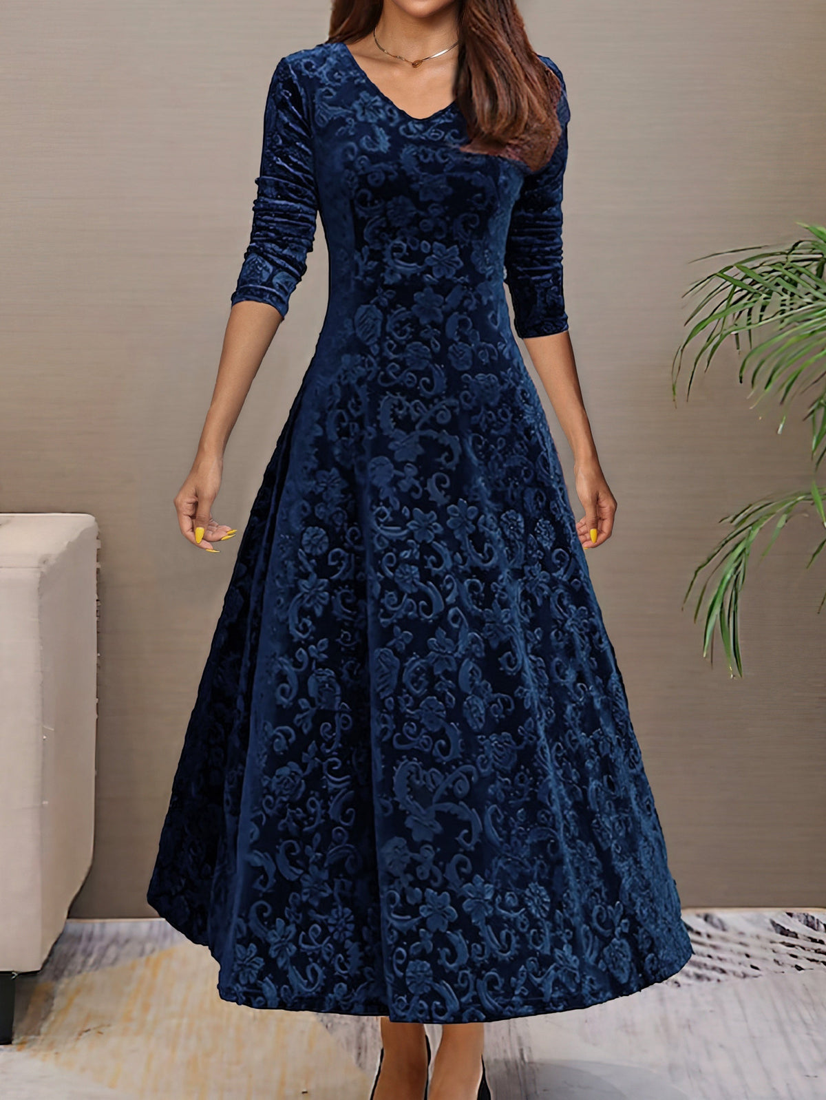 Robe fleurie col V sans manches, longueur genou, du S au L, bleu