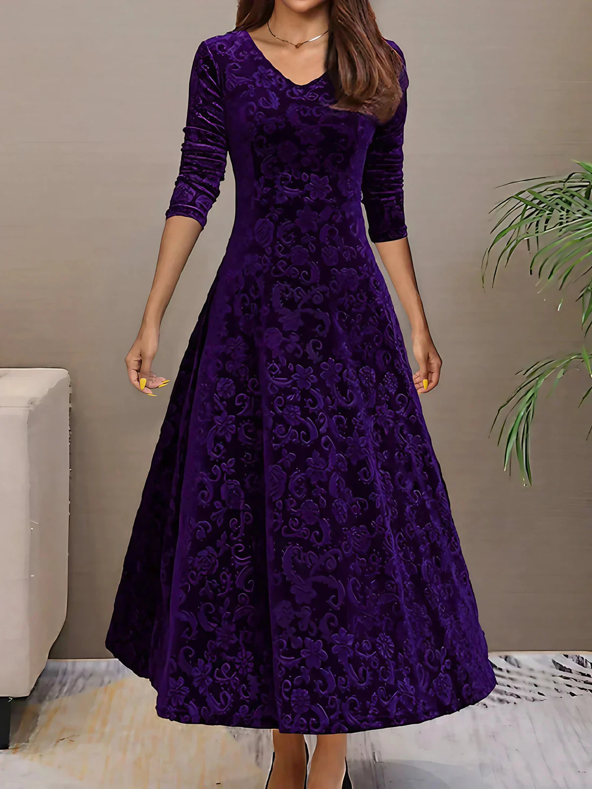 Robe fleurie col V sans manches, longueur genou, du S au L, pourpre