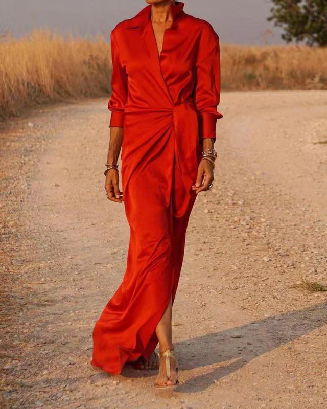 Robe plissée femme à manches longues, coloris unis, du S au 3XL, rouge