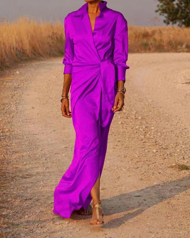 Robe plissée femme à manches longues, coloris unis, du S au 3XL, lilas