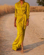 Robe plissée femme à manches longues, coloris unis, du S au 3XL, doré