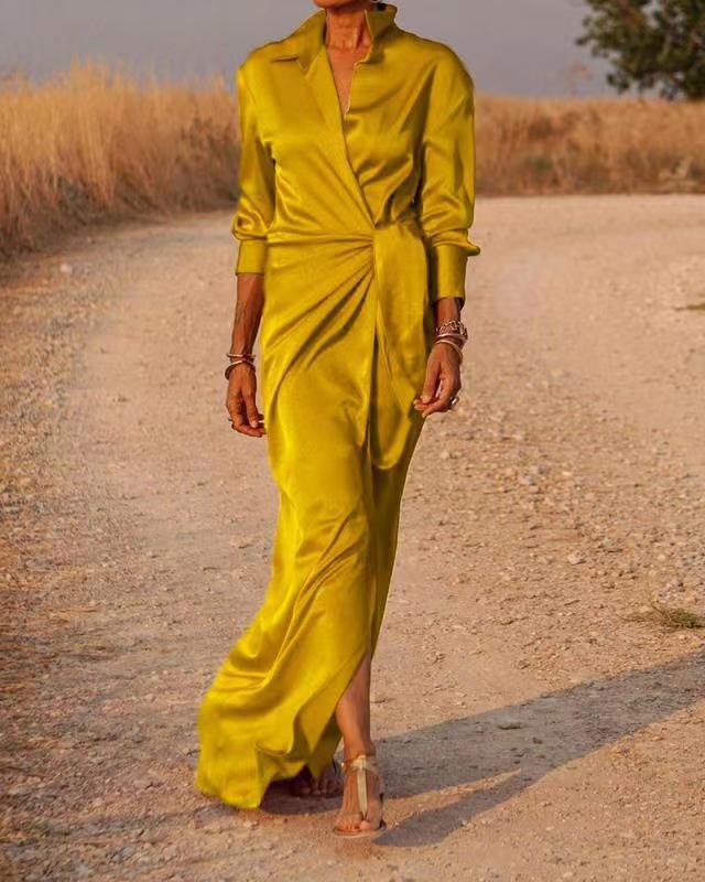 Robe plissée femme à manches longues, coloris unis, du S au 3XL, doré