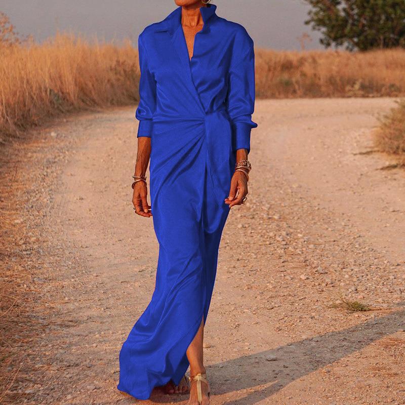 Robe plissée femme à manches longues, coloris unis, du S au 3XL, bleu