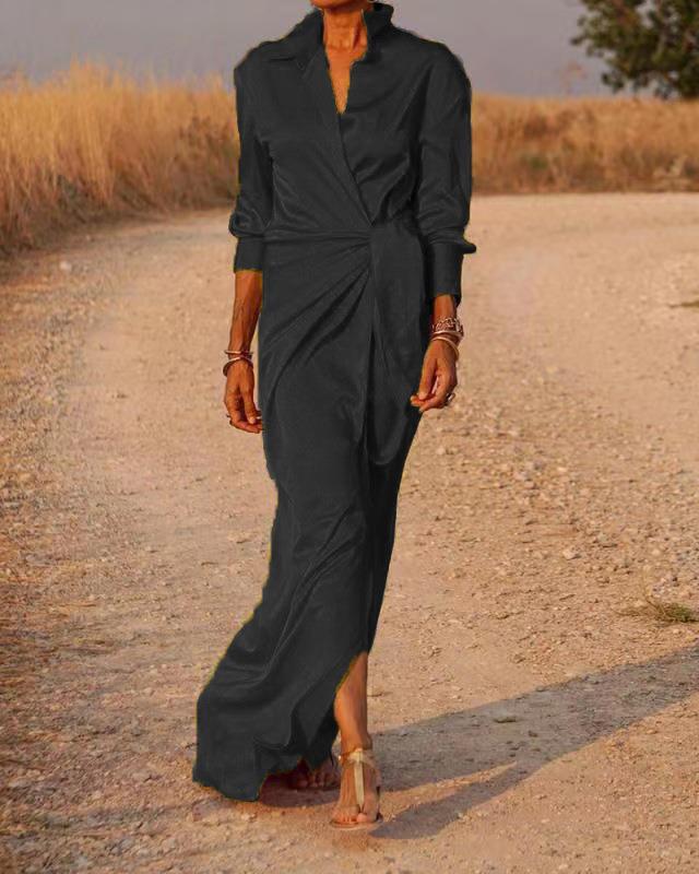 Robe plissée femme à manches longues, coloris unis, du S au 3XL, noir