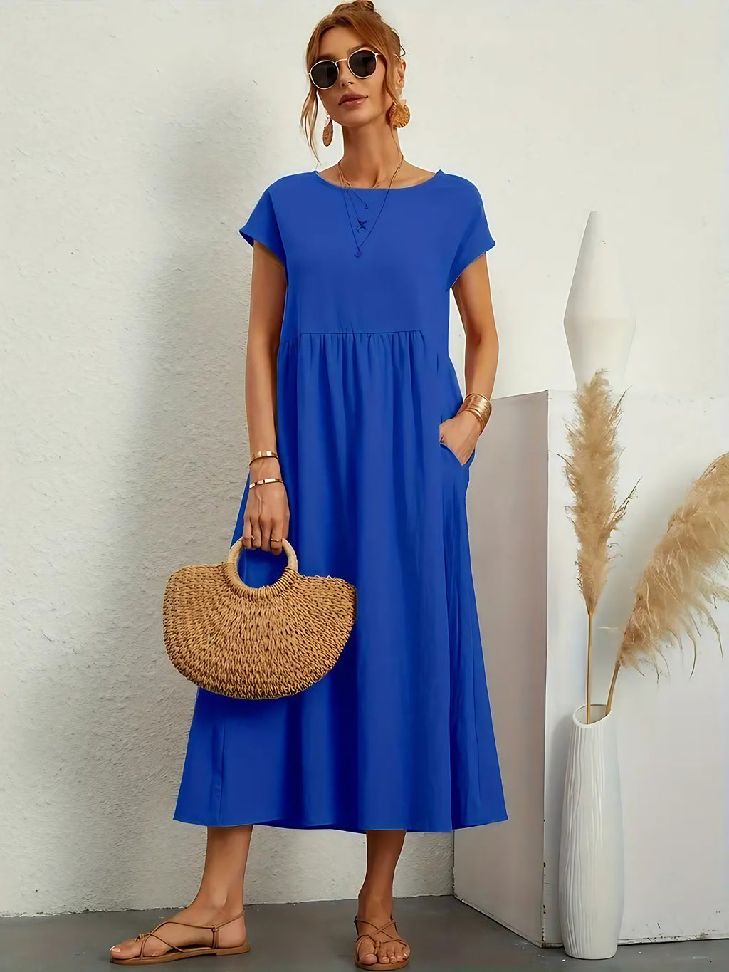 Robe longue fluide femme à poches, dix coloris, du S au 2XL, bleu